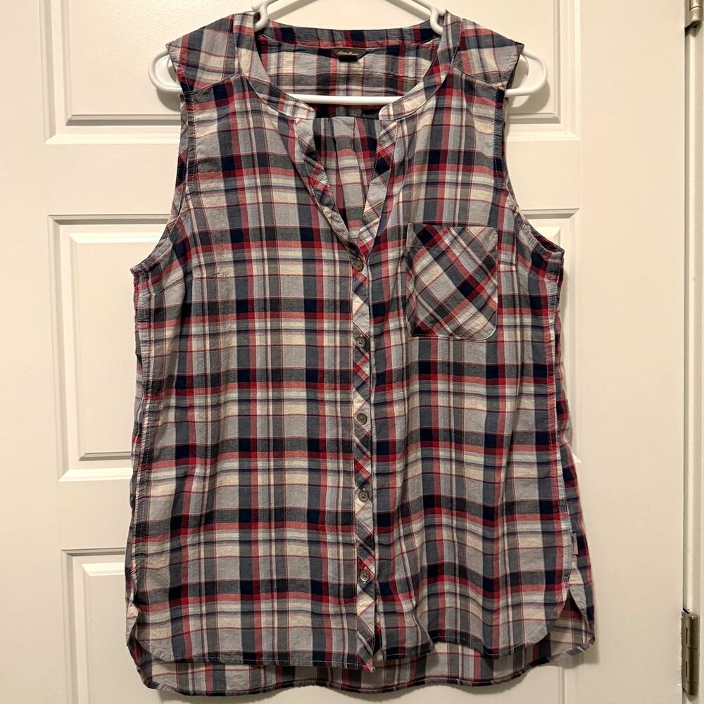 Eddie Bauer Sleeveless Shirt Plaid Button Up Large